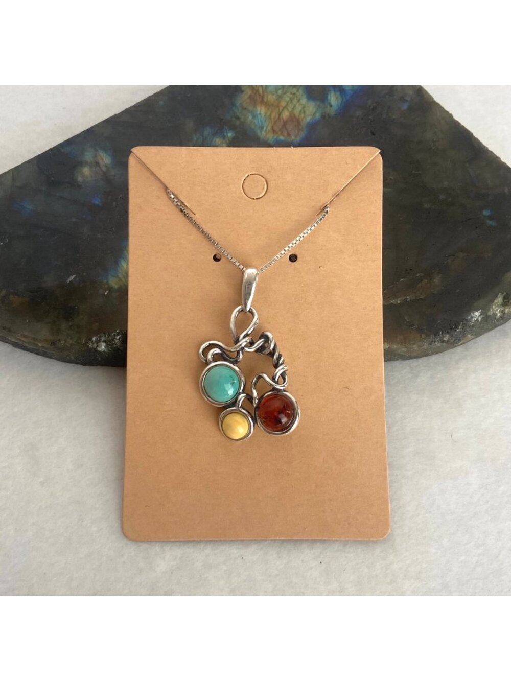 Sterling Silver 925 Modernist Style Baltic Amber & Turquoise Pendant Necklace